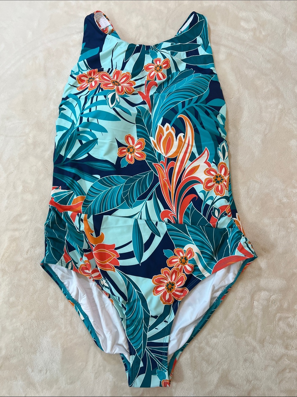 Jantzen Teal & Orange Cross Back High Neck Floral One-Piece Tummy Control Swim
